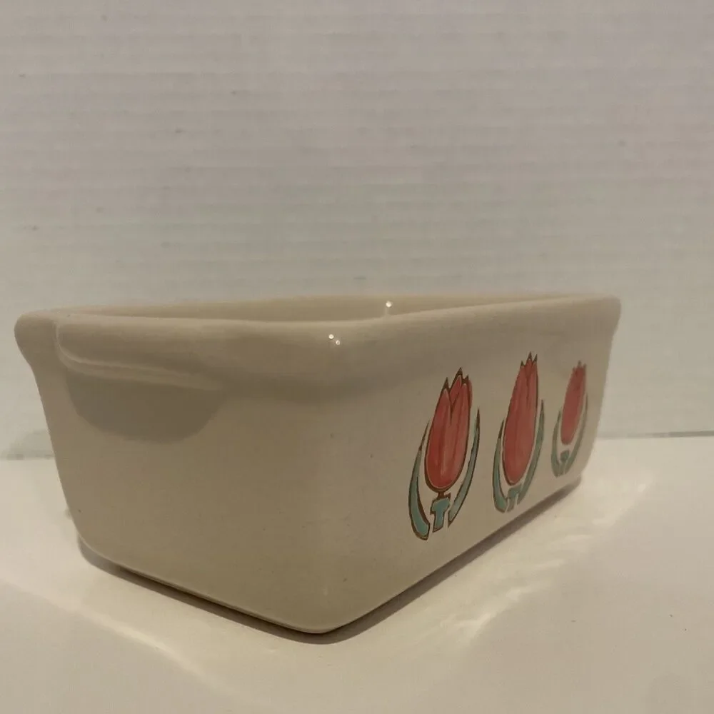 NANTUCKET Stoneware Ceramic LOAF PAN Bread Baking Mini Beige+ Tulips 🌷🌷🌷6x4